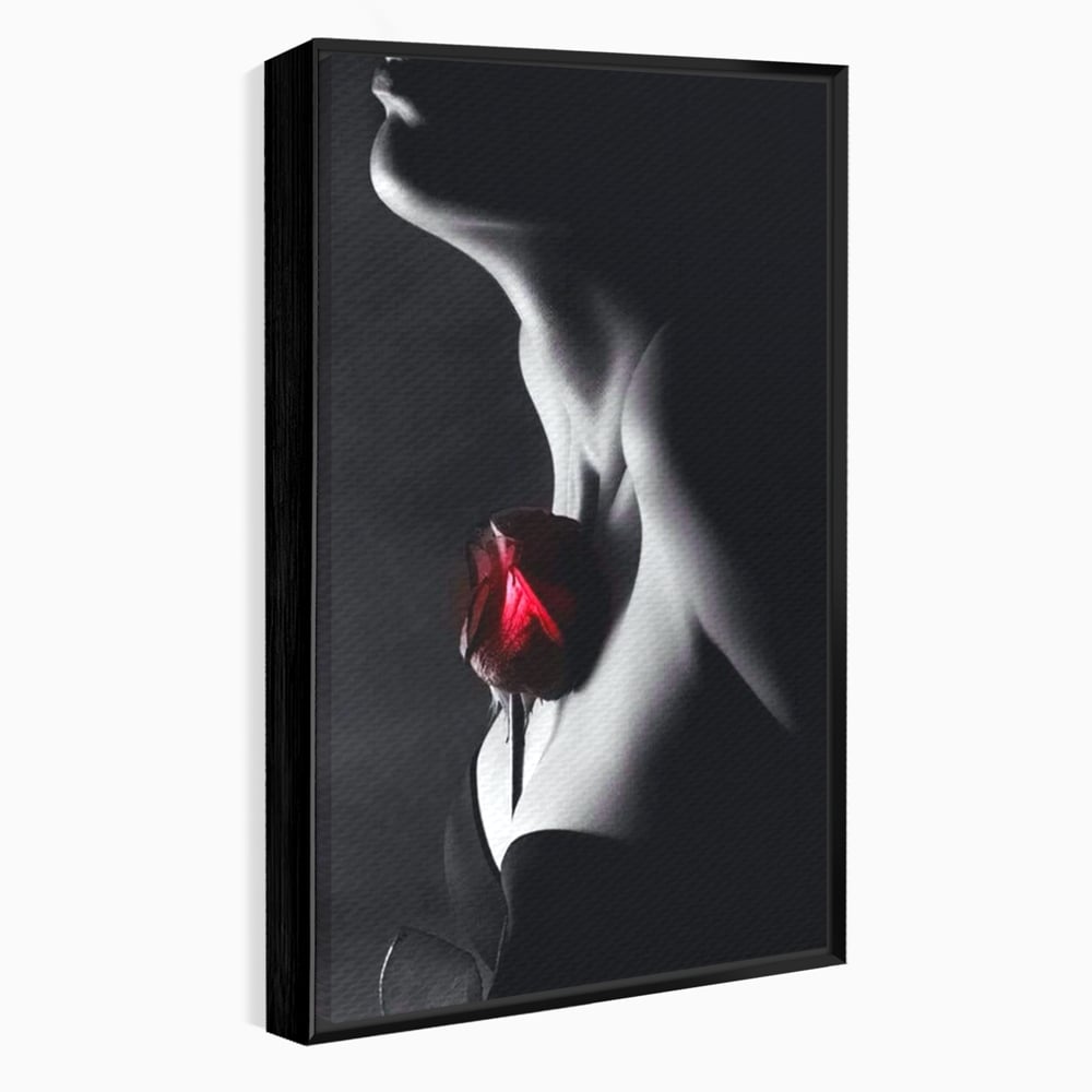 Tablou canvas cu tablou canvas cu profil de femeie si trandafir rosu, in rama de aluminiu negru